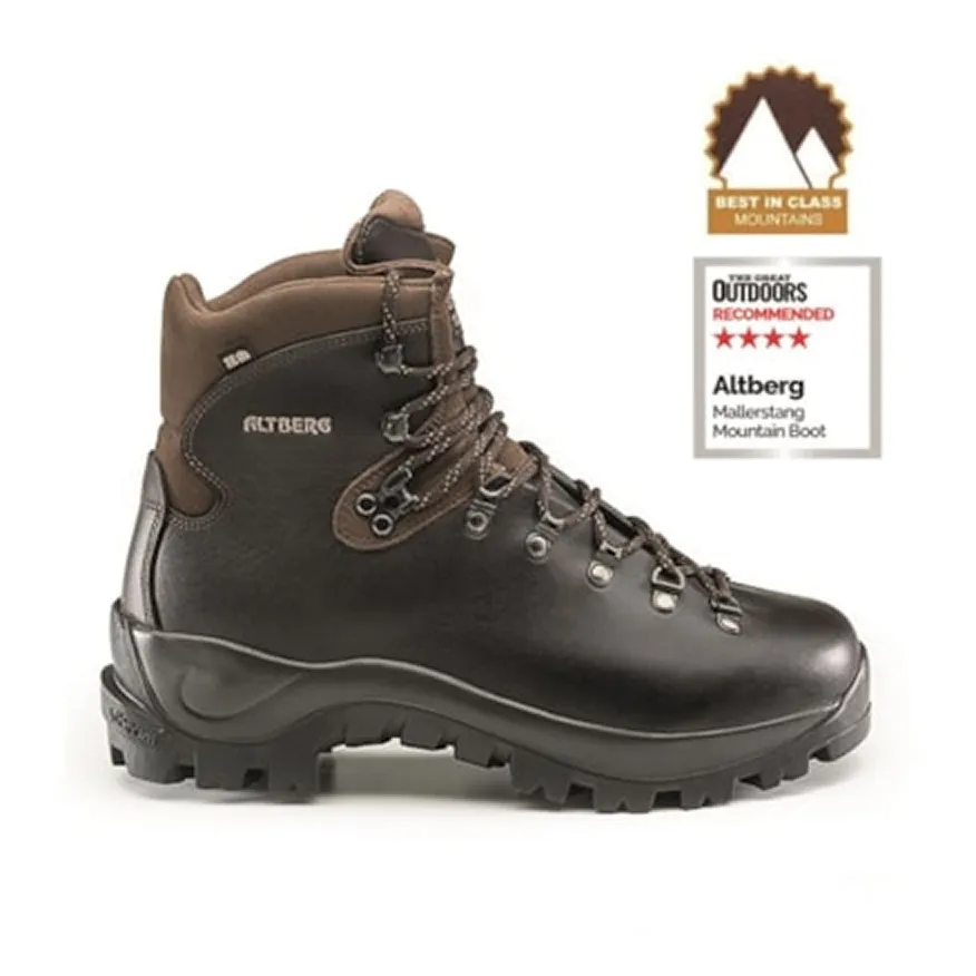 Brown Altberg Möllerstang Mountain Boot with rugged sole and secure lacing, labeled best in class mountains and recommended by The Great Outdoors.