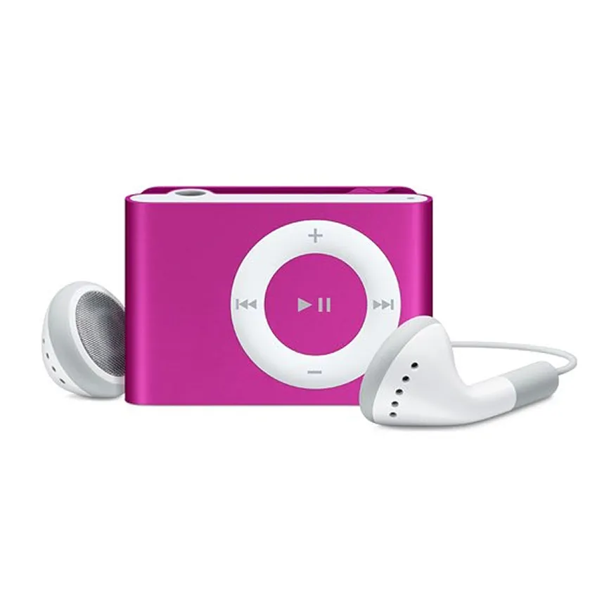 Purple Apple iPod Shuffle with white circular control pad and white earbud headphones.