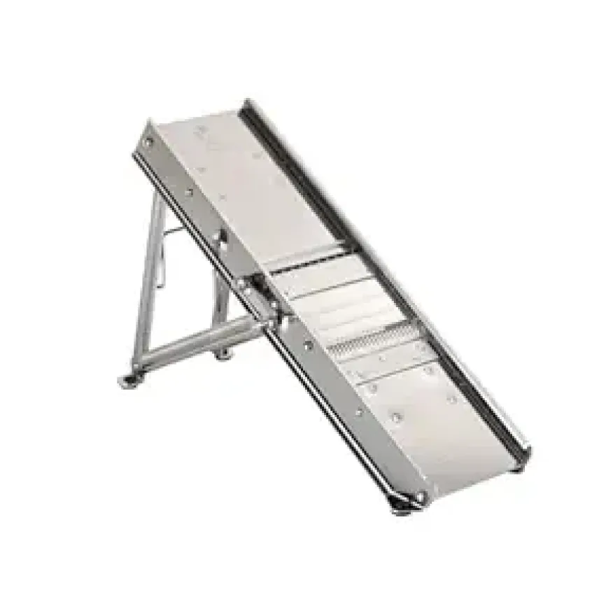 Adjustable stainless steel mandoline slicer with multiple blades and a support stand.