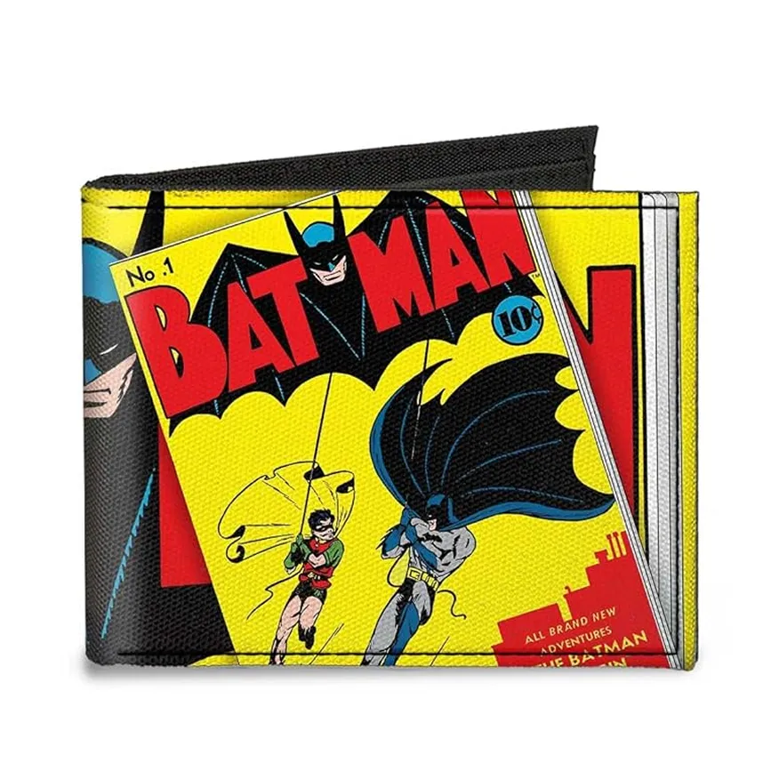 Folded wallet featuring colorful vintage Batman comic book cover with Batman and Robin swinging on ropes.