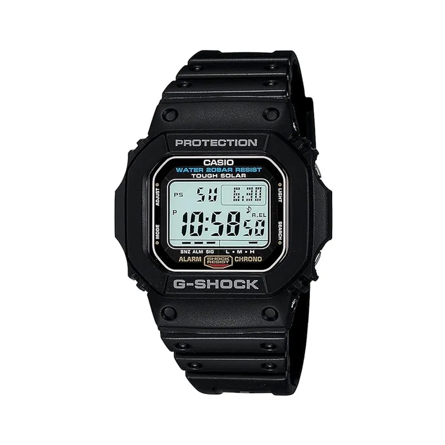 Black Casio G-Shock digital watch with square face showing time 10:58:50 and various function labels.
