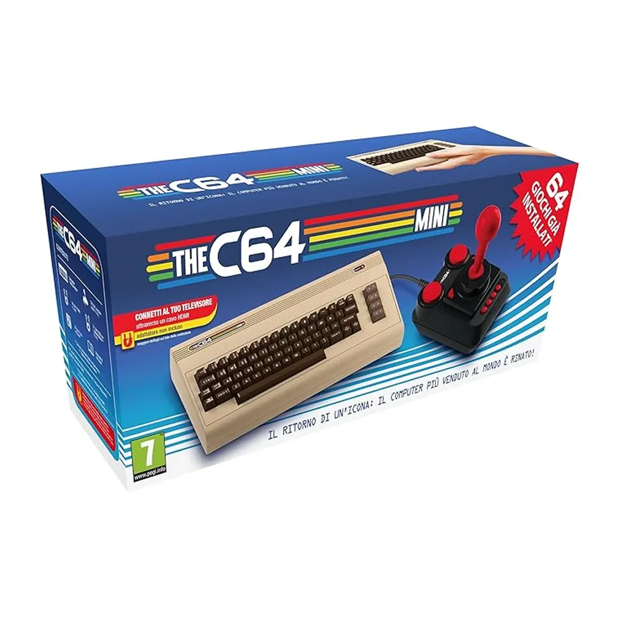 Box of The C64 Mini featuring a beige vintage keyboard and a black joystick with red buttons.