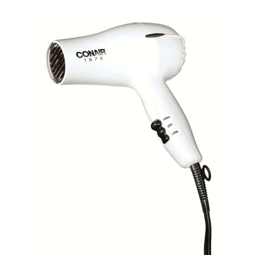 White Conair hair dryer with black control switch and power cord.