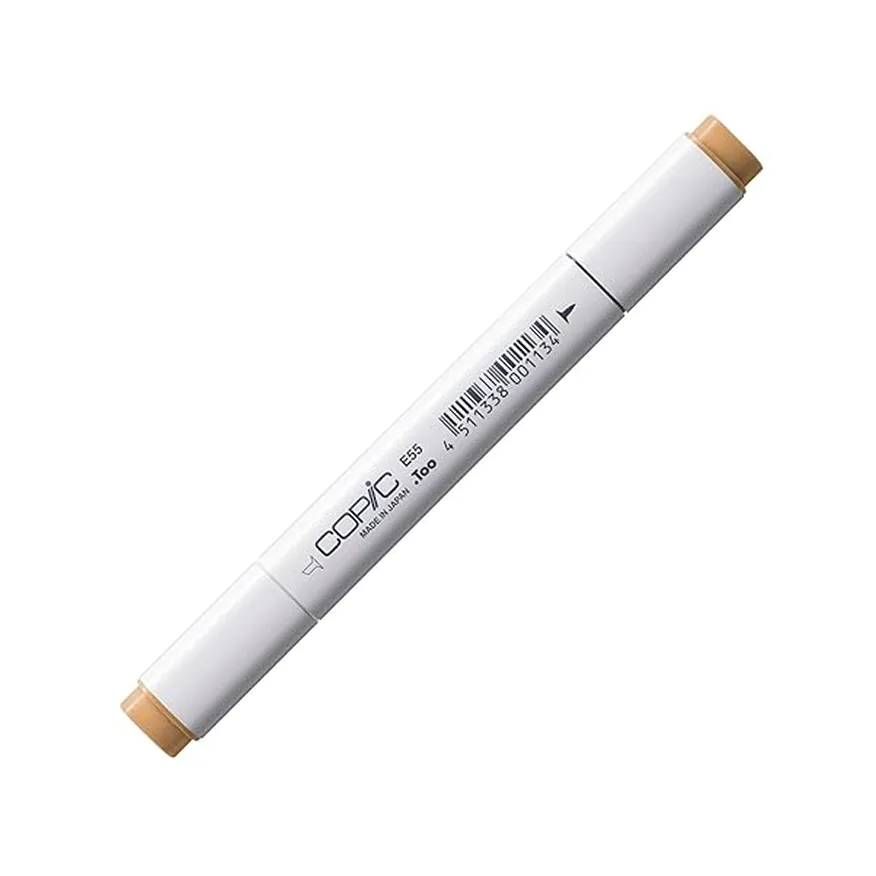 Dual-ended Copic marker with beige caps on both ends and a white body showing product details and barcode.
