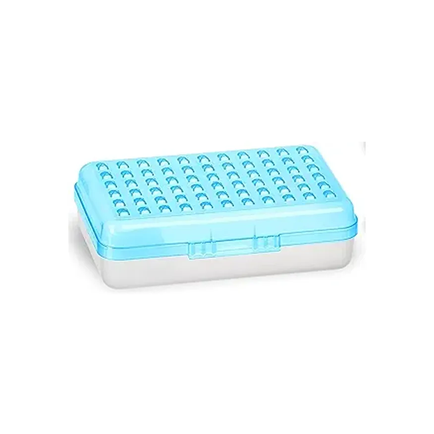 Rectangular plastic storage box with a translucent white base and a light blue lid featuring multiple crescent-shaped ventilation holes.