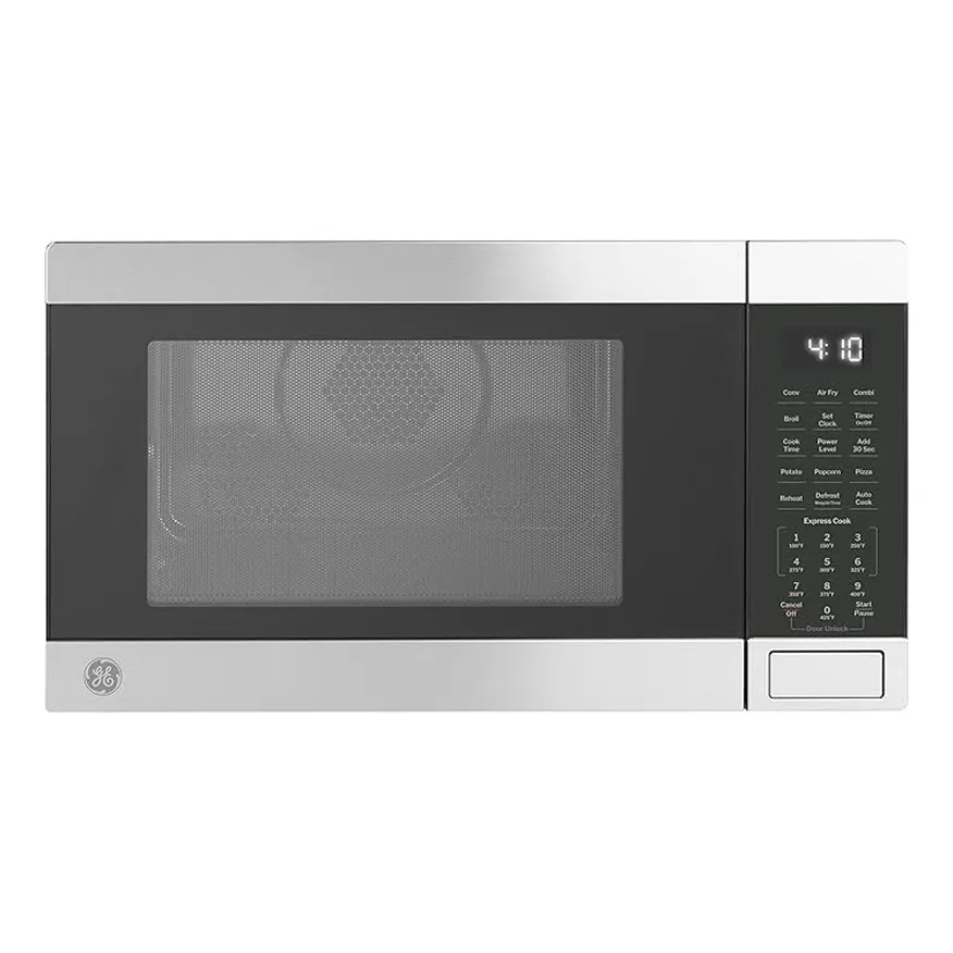 Stainless steel GE microwave oven with a digital display and control panel on the right.