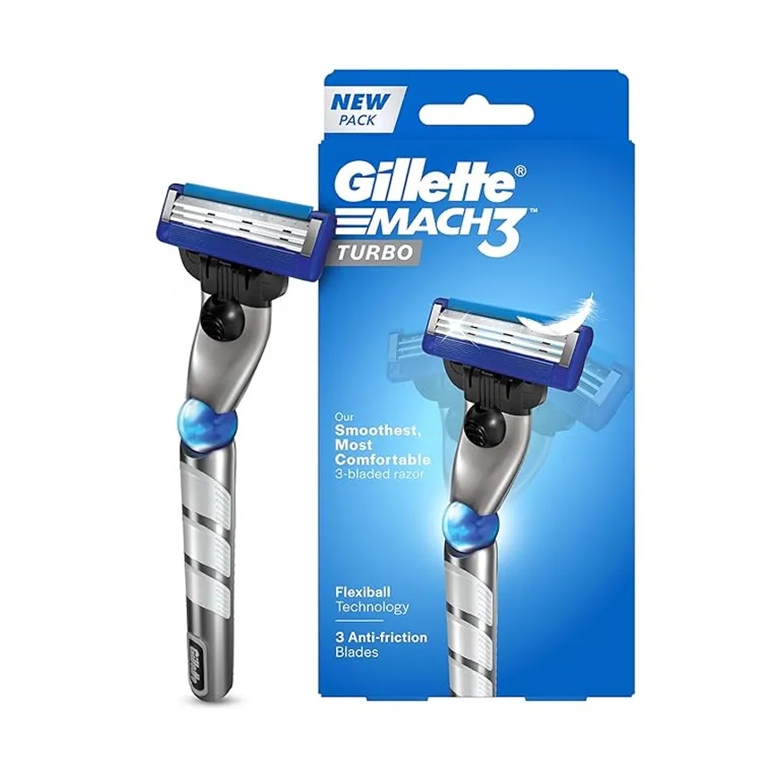 Gillette Mach3 Turbo razor with 3 blades and Flexiball technology shown outside and on packaging.