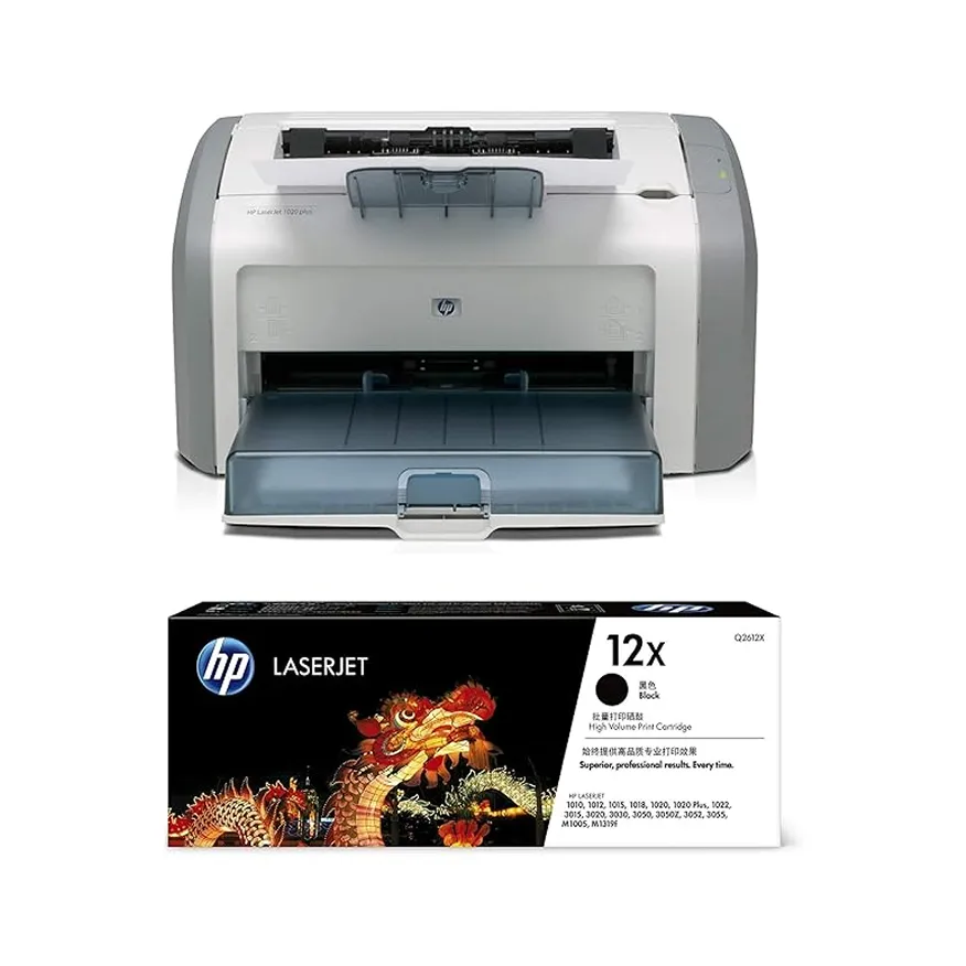 HP LaserJet 1000 series printer with black HP LaserJet 12x high volume print cartridge box featuring a dragon design.