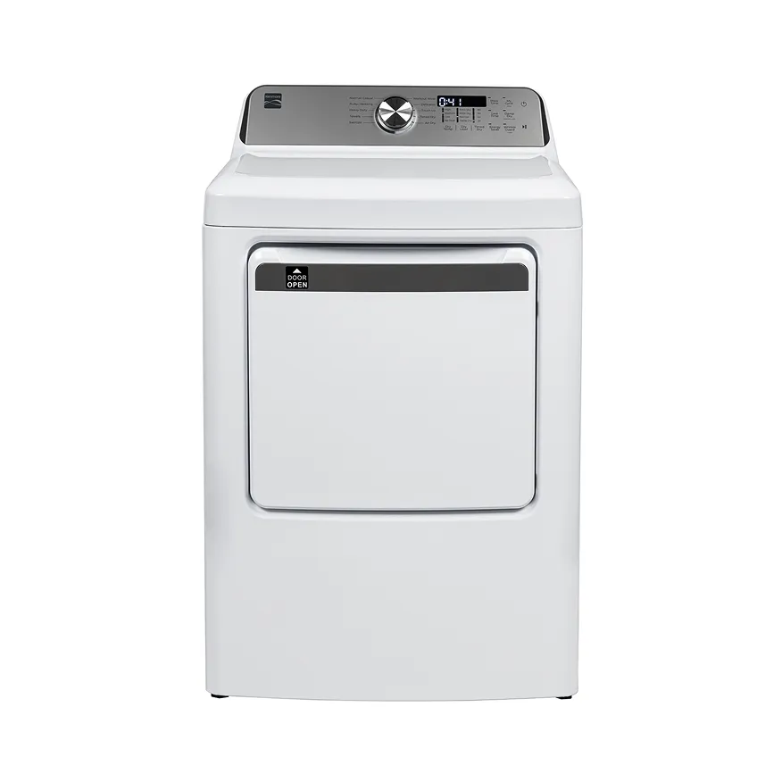White Kenmore front-load electric clothes dryer with control panel and cycle selector knob.