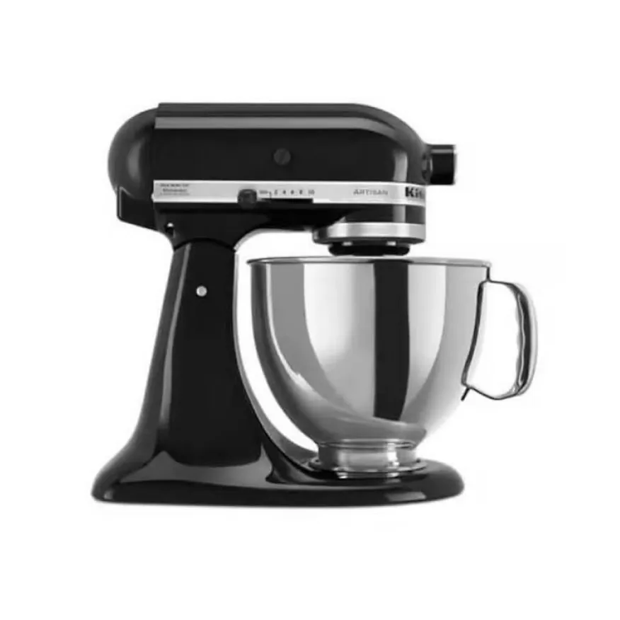 Black KitchenAid stand mixer with a stainless steel mixing bowl attached.