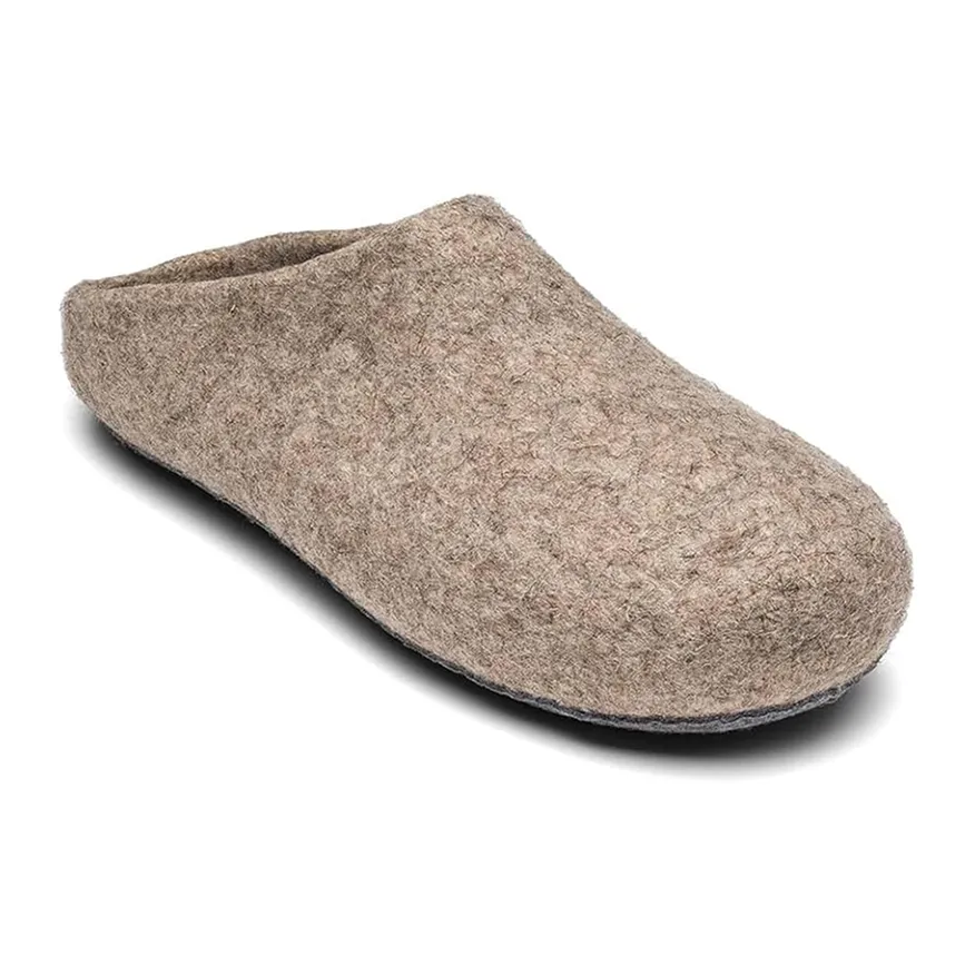 Single brown slip-on felt slipper with a rounded toe and black sole.