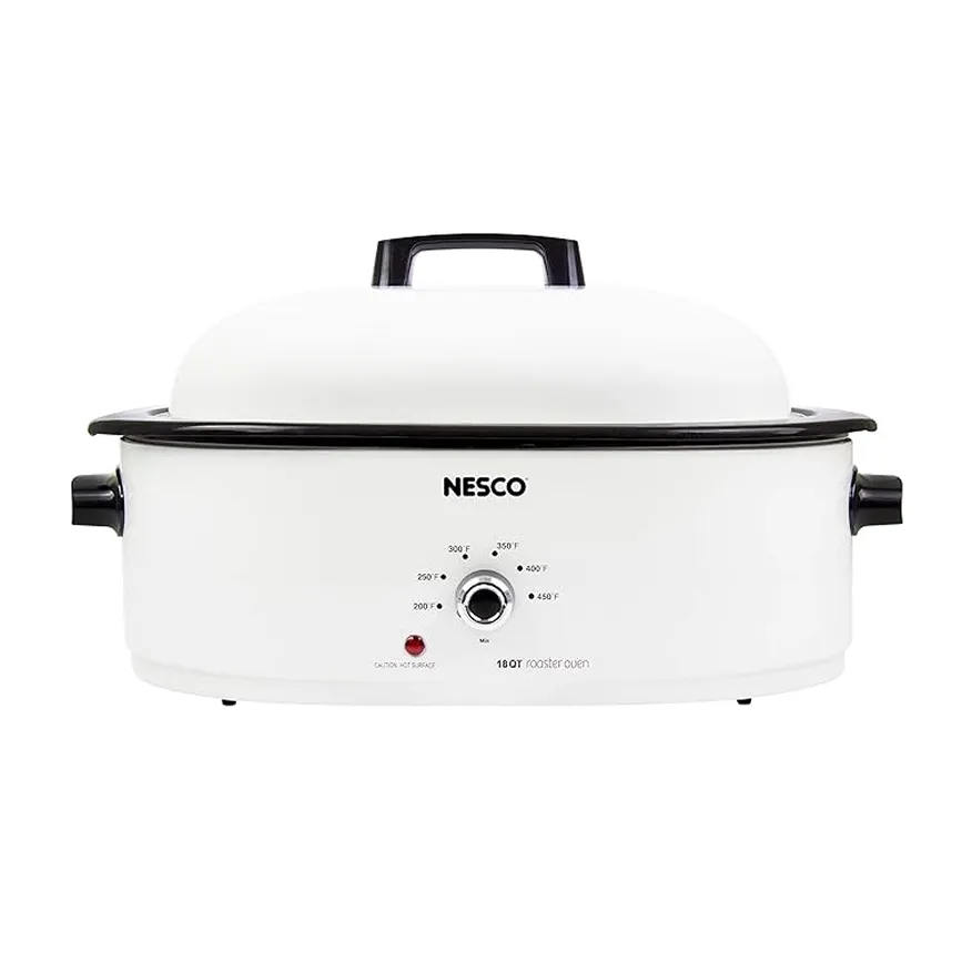 White Nesco 18-quart roaster oven with black handles and temperature control dial on the front.