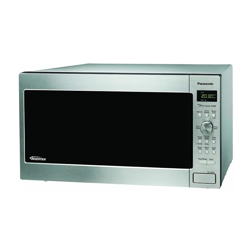 Stainless steel Panasonic microwave oven with digital display and multiple control buttons.
