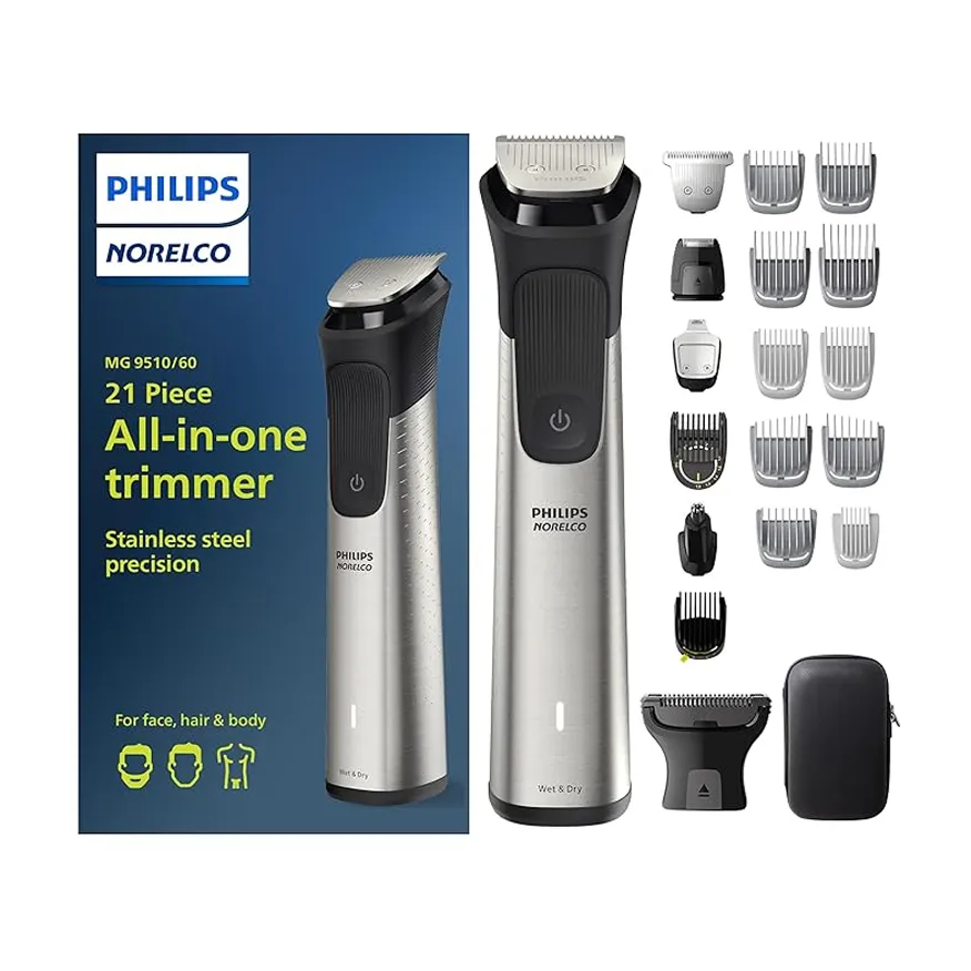 Philips Norelco 21-piece all-in-one stainless steel trimmer with multiple attachments and travel case.