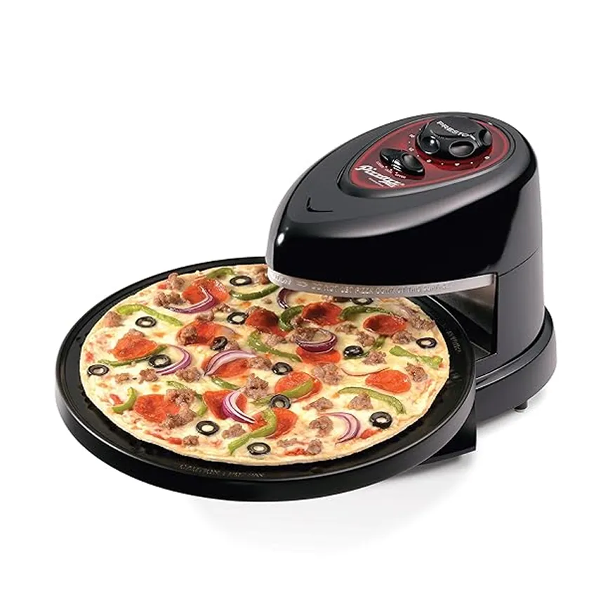 Round black Presto pizza oven with pizza on a removable tray topped with pepperoni, sausage, olives, green peppers, and red onions.