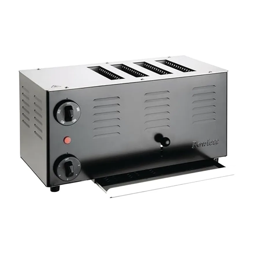 Rowlett commercial four-slot toaster with black and silver metal body and control knobs on the side.