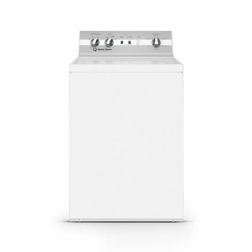 Front view of a white top-load Speed Queen washing machine with control knobs on the upper panel.