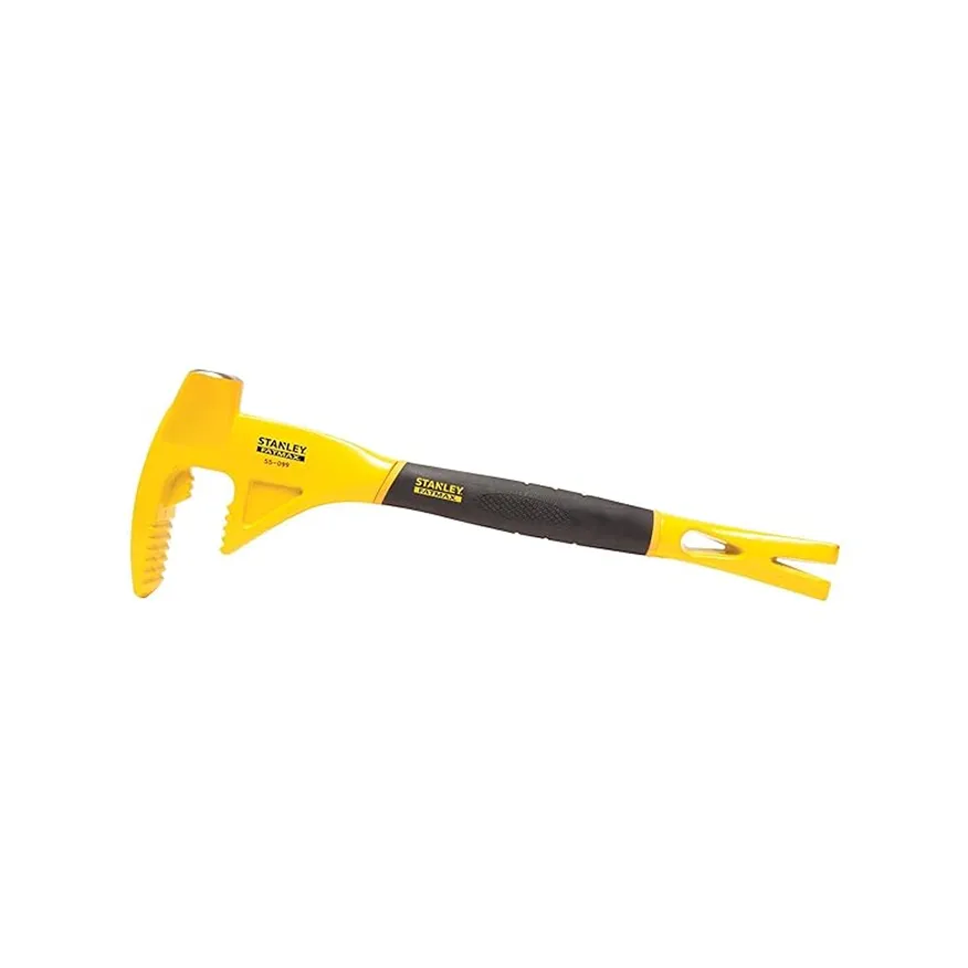 Yellow and black Stanley FatMax tool with a serrated gripping jaw and a forked end.