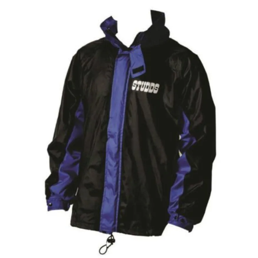Black and purple windbreaker jacket with a high collar and the word 'STUDDS' printed on the left chest.