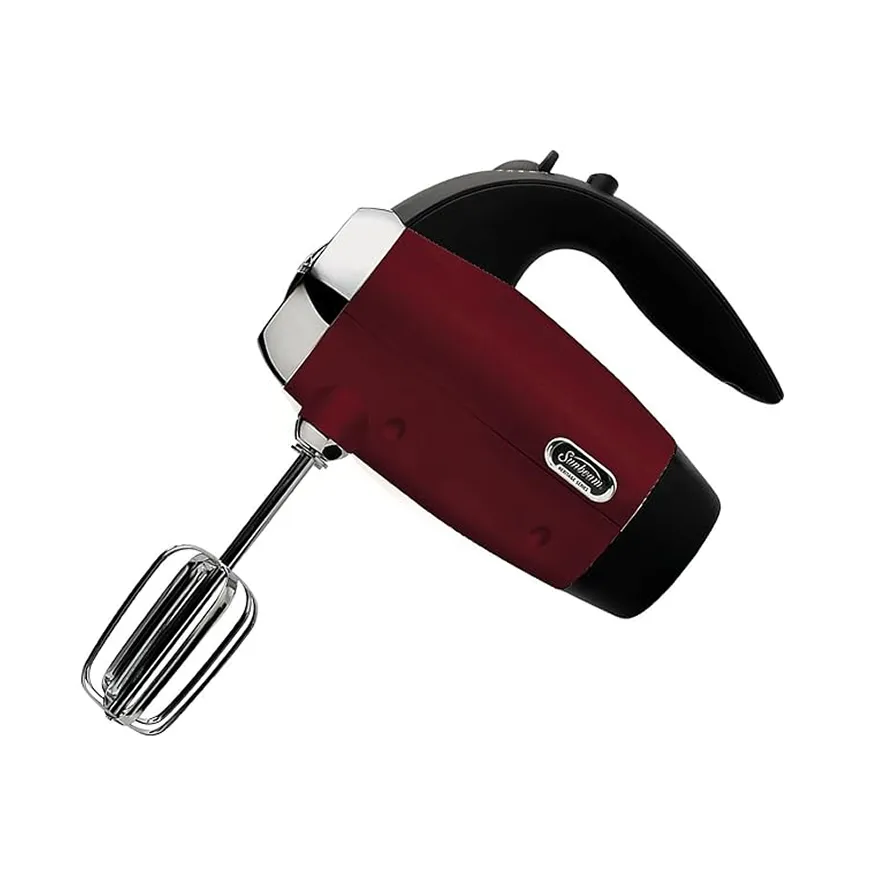Red and black handheld electric mixer with stainless steel beaters.