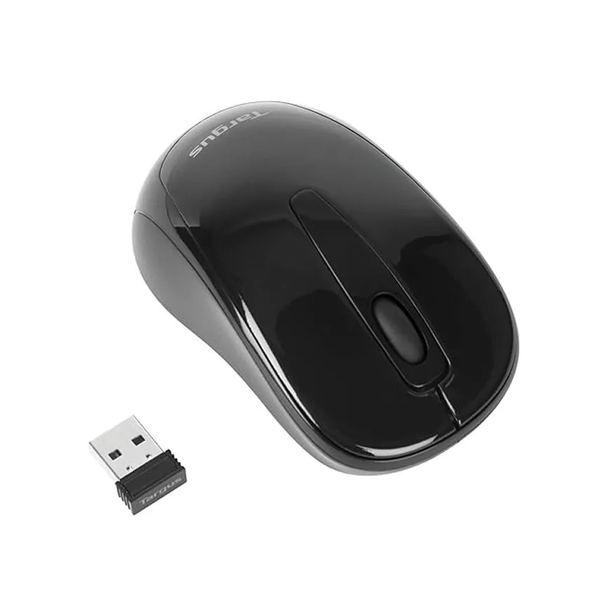 Black wireless computer mouse with a USB receiver.