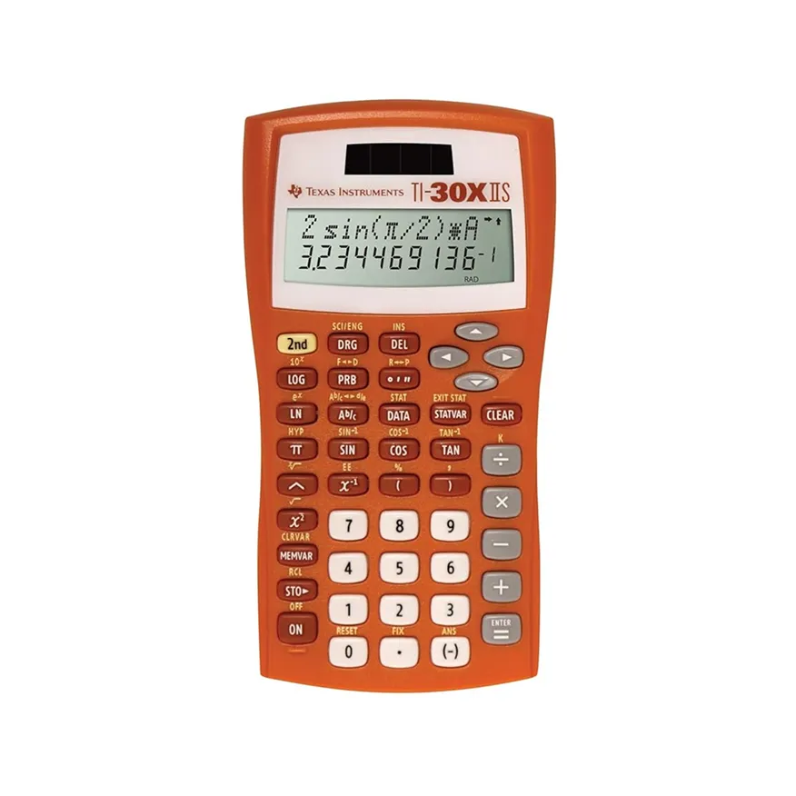 Texas Instruments TI-30XIIS scientific calculator with orange casing displaying a math calculation on its screen.