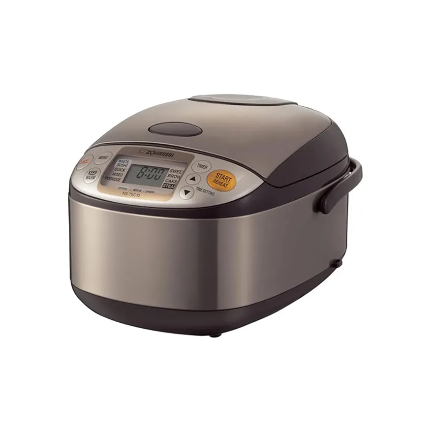 Electric multi-function rice cooker with digital display and buttons on top.