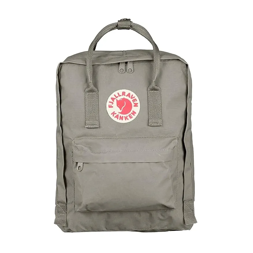 Gray Fjällräven Kånken backpack with top handles and front zip pocket.